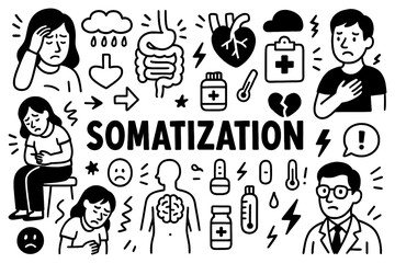 Somatization disorder concept with emotional distress and physical symptoms in black and white doodle style, Transparent Background