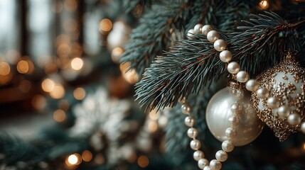 Close shot festive tree pearl ornaments soft fairy light glow elegant Christmas decor