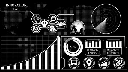 Innovation Lab Futuristic Digital Interface with Data Visualizations .Global business icons and financial growth chart on a background. - Powered by Adobe