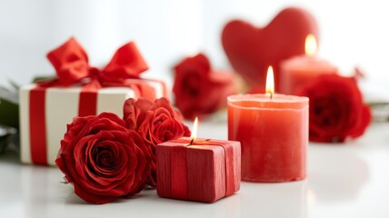 Romantic valentine's day setup with red roses, heart-shaped gift boxes, and lit candles on a clean white background for love celebration and festive decoration
