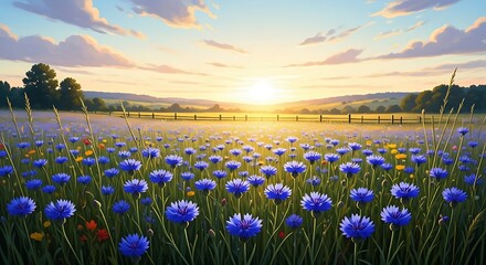 Golden sunrise over a tranquil field of blue cornflowers, a peaceful nature scene with a vibrant Blue Background of blossoms