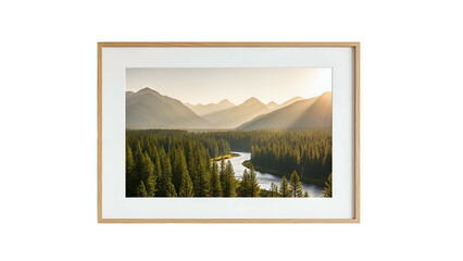 Natural landscape photograph of a winding river through a dense forest beneath layered mountain ranges at sunrise is displayed in a wooden frame.