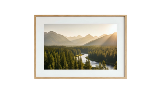 Natural landscape photograph of a winding river through a dense forest beneath layered mountain ranges at sunrise is displayed in a wooden frame.