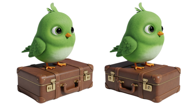  Cute green bird standing on suitcase isolated on transparent background PNG