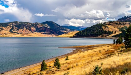 Scenic landscape featuring a vast lake mirroring the sky, bordered by mountains and golden grasslands under a cloudy sky
