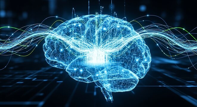 A glowing blue digital brain with intricate neural pathways and energetic waves emanating from it, symbolizing artificial intelligence and cognitive processes.