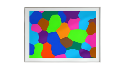 Brightly colored polygonal abstract pattern displayed inside a white picture frame against a black background