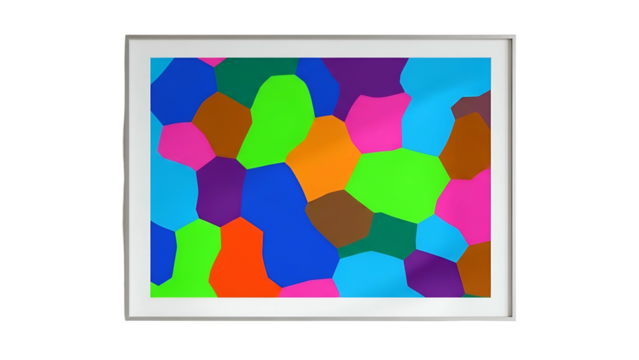 Brightly colored polygonal abstract pattern displayed inside a white picture frame against a black background