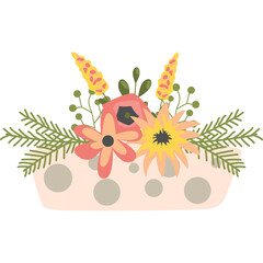 Hand Drawn Floral Arrangement With Pink Yellow Orange Flowers Green Leaves In A Beige Polka Dot Basket On A White Background