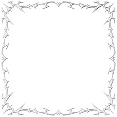 Obraz premium Chrome neo tribal square frame. Metallic symmetrical Y2K spiked lines and flame tattoo ornament with glossy silver texture. Render transparent background