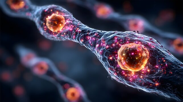 Microscopic view of a neuron with glowing nucleus and surrounding particles. - Powered by Adobe