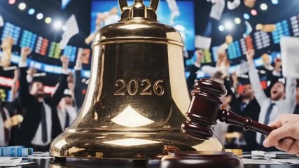 Golden bell, symbolizing financial market open, being rung. A gavel strikes, with cheering traders behind, representing exchange, trading, and celebration.
