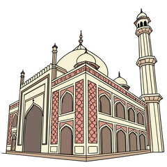 Stylized illustration of the iconic taj mahal monument with its distinctive domes and minarets against a white background © RUJINA