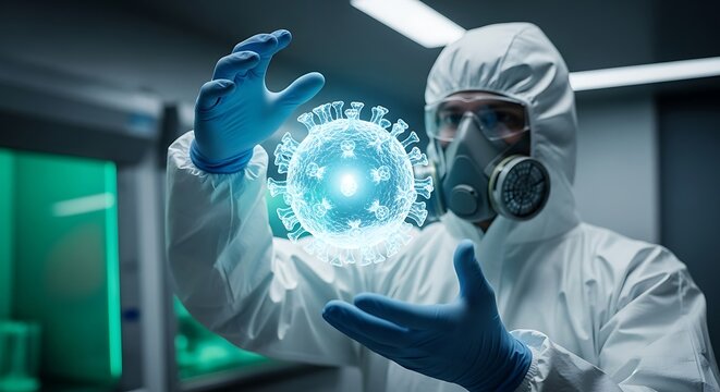 Scientist in protective gear examining a holographic model of a virus in a laboratory setting.
