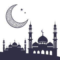 Silhouette of a grand mosque with multiple domes and minarets under a decorative crescent moon and stars