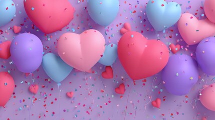 Romantic valentine's day celebration background with red heart-shaped balloons, festive confetti, and cozy decorative elements for love-themed events