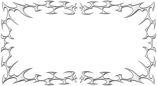 Chrome neo tribal frame border. Metallic symmetrical Y2K spiked lines and flame tattoo ornament in glossy silver style. Render transparent background