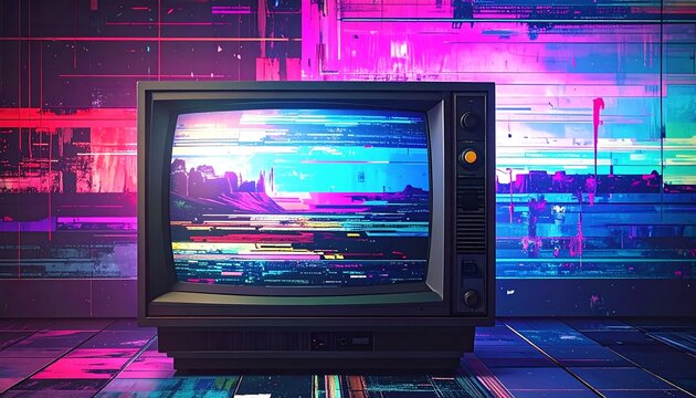Retro TV set against a colorful, glitchy background, reflecting neon hues and digital patterns. Its screen displays a landscape - Powered by Adobe