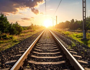 Railroad tracks stretch into the vibrant sunset, flanked by green trees and wildflowers. The sun casts a golden glow, setting a serene, hopeful mood