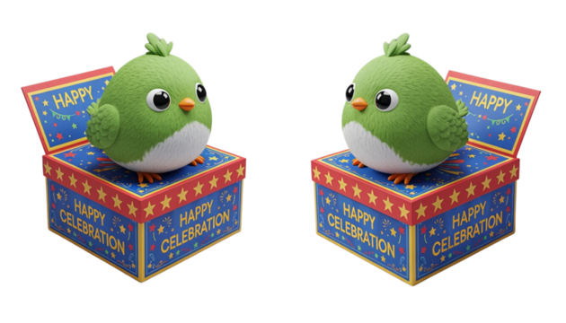 Cute green bird standing on firework box isolated on transparent background PNG