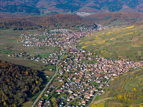 Aerial view of a quaint village nestled between golden vineyards and lush forests, a tapestry of autumnal hues stretching across the landscape, Rouffach, Grand Est, France.