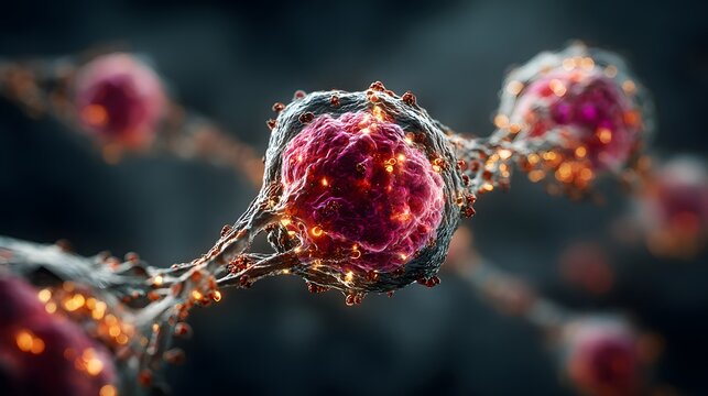 Microscopic view of glowing biological cells connected by thin filaments.