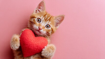 Adorable ginger kitten cuddling a red heart plush on soft pink background, cute cat celebrating valentine's day, romantic love concept for greeting cards and festive decorations