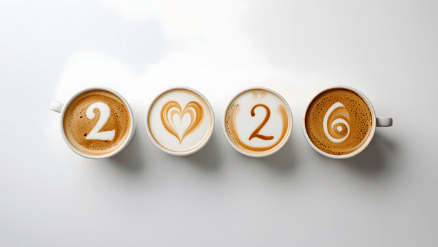 Minimalist coffee cups with number 2026, heart latte art, start of new year concept - Powered by Adobe