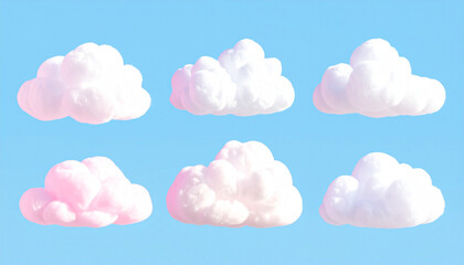 Obraz premium Fluffy white and soft pink clouds on pastel blue background with soft shadows, dreamy sky composition