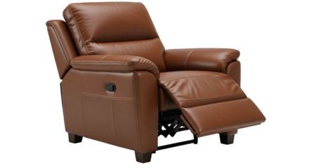 Comfortable brown leather reclining armchair isolated against a solid dark background