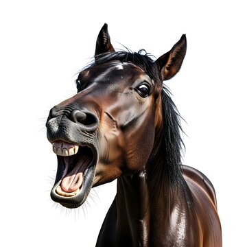 Funny horse laughing close-up isolated on white &mdash; expressive brown stallion with open mouth and teeth showing, humorous animal portrait for memes, advertisements, and equestrian concepts
 