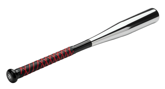 Polished metal sports implement featuring a contrasting wrapped handle on a dark background