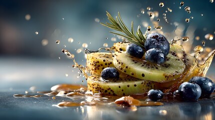 fresh composition with kiwi slices, blueberry and pure water splashes