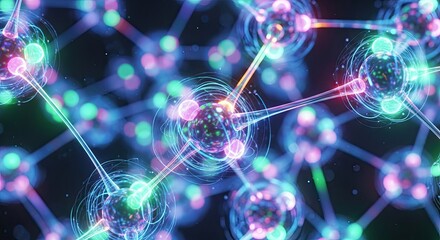 Dazzling atomic structures pulse with vibrant energy, showcasing the intricate beauty of molecular bonds and scientific innovation in a luminous, abstract visualization