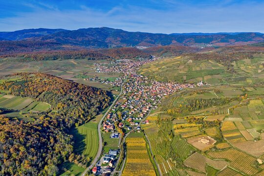 Aerial view of a quaint town nestled between golden vineyards and autumnal forests, under a crisp blue sky, Rouffach, Grand Est, France.