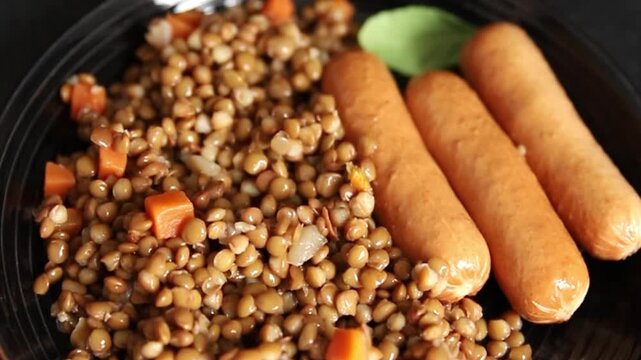 Lentils with sausage second course quick meal natural tasty appetizer fresh delicious gourmet food background on the table rustic top view copy space