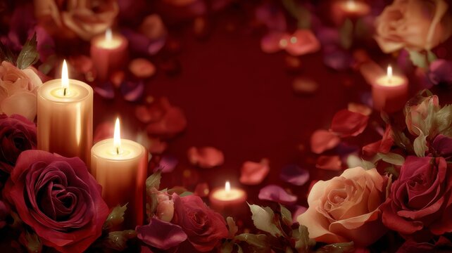 Romantic valentine’s day scene with glowing candles, red roses, and soft golden bokeh lights creating a warm and intimate love atmosphere for greeting cards, wedding invitations, romantic celebration 