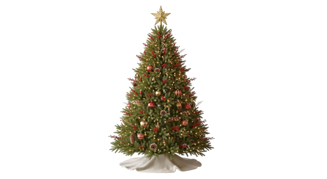 Decorated Christmas tree with ornaments and star festive holiday celebration Isolated on transparent background, png