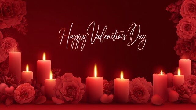 Romantic valentine’s day scene with glowing candles, red roses, and soft golden bokeh lights creating a warm and intimate love atmosphere for greeting cards, wedding invitations, romantic celebration 
