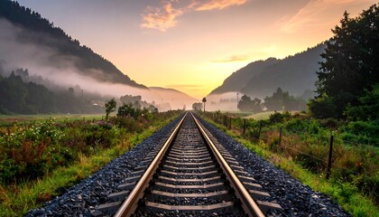 Railroad tracks stretching into the distance between rolling hills, with a misty valley, illuminated by the warm glow of the setting sun