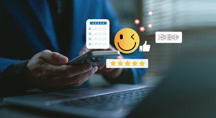 Businessman using smartphone with emoji, rating stars, feedback form, and like icons overlay....