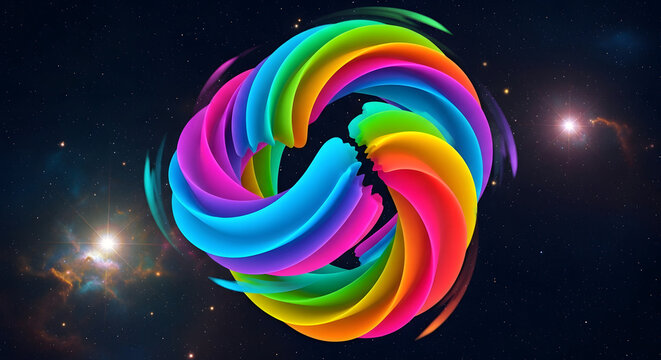 Vibrant swirling rainbow vortex in cosmic nebula background