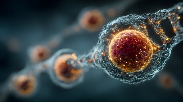 Close view of a glowing cell within a DNA strand structure.
