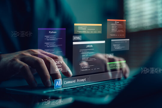 Programmer coding with artificial intelligence integration and multiple programming languages, representing software development, DevOps, and smart coding technologies.