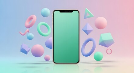 Pastel 3D Smartphone Mockup with Floating Geometric Shapes