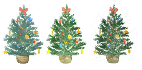 Watercolor Christmas trees PNG set. cute hand-painted festive illustrations of decorated trees with garlands, ornaments, and snow, perfect for cards, stickers, patterns, holiday decor, winter decor