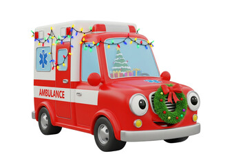 Festive 3D Christmas Ambulance with Holiday Lights, Wreath, and Tree on Roof	