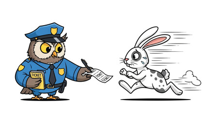 Obraz premium The Owl Cop and the Speeding Rabbit: A light-hearted illustration captures the whimsical encounter of an owl police officer issuing a ticket to a speeding rabbit.