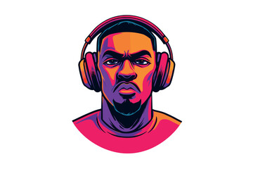 Fototapeta premium Powerful portrait of a man wearing headphones listening to music. Colorful vector