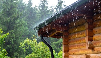 Rain pours from a wooden cabin's roof and into the gutter system during a downpour. Lush greenery surrounds the building